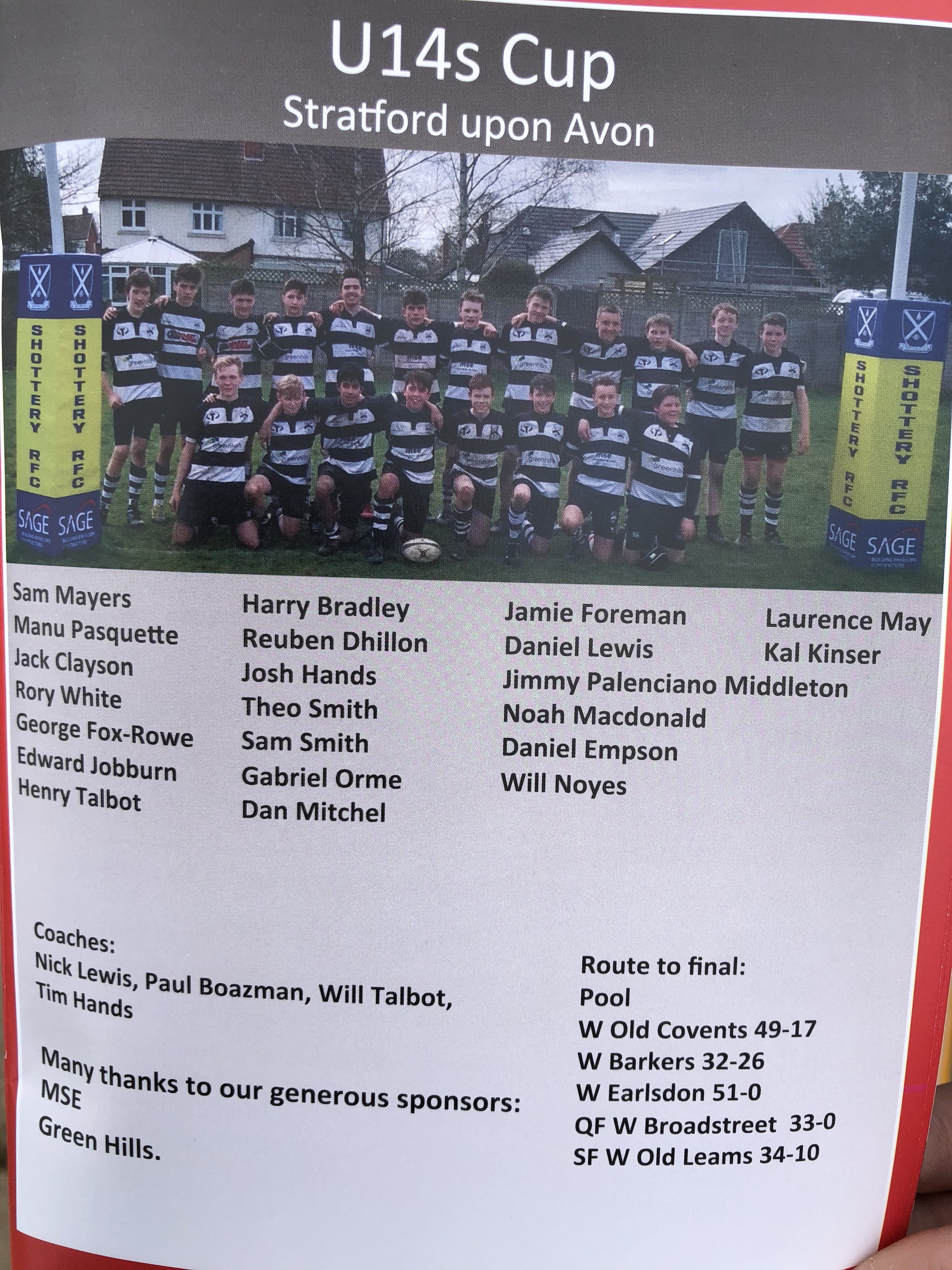 Stratford Under 14s Rugby Team